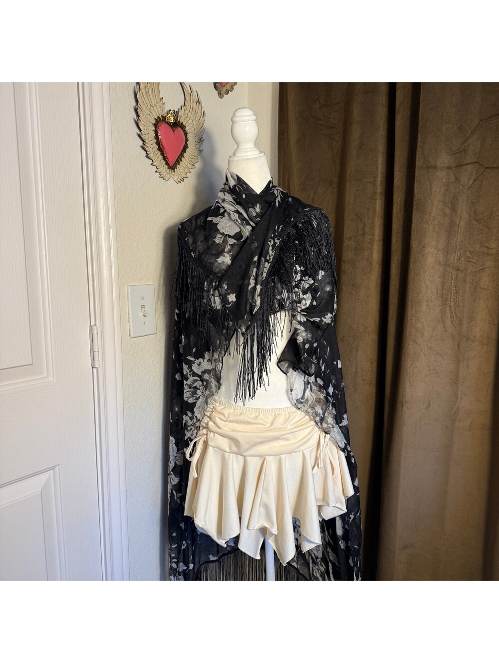 Black Floral Sheer Fringe Piano Shawl Scarf Wrap Poncho Boho Stevie Nicks O/S